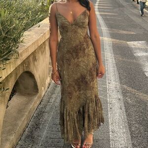 Olive Floral Slip Midi Dress with Ruffle Hem